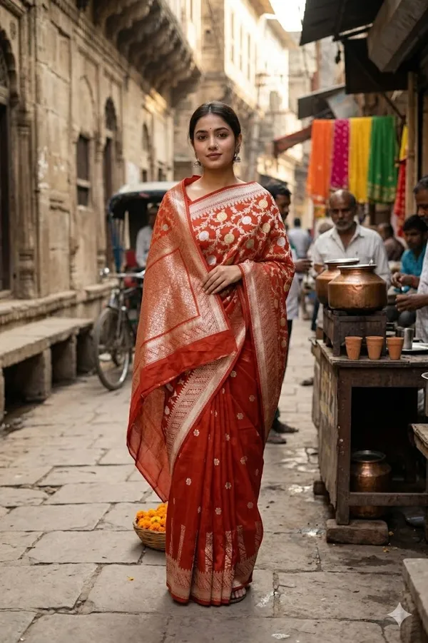 Orange_Banarasi_Silk_&_Zardozi_Work_Saree_For_Women