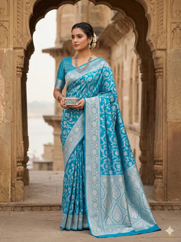 Blue_Banarasi_Silk_Zardozi_Work_Saree_For_Women
