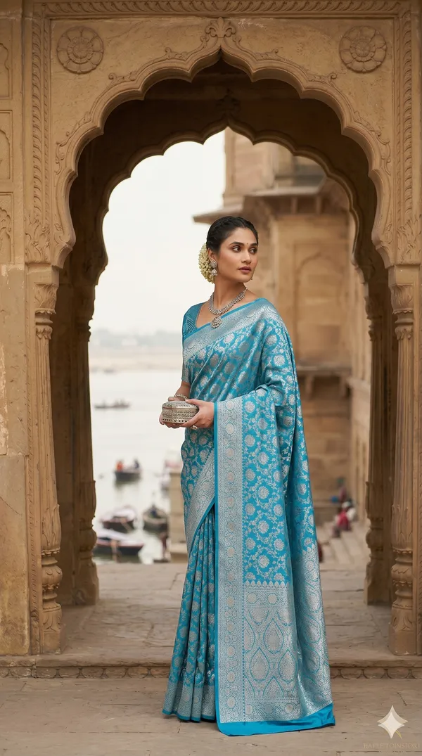 Blue_Banarasi_Silk_Zardozi_Work_Saree_For_Women