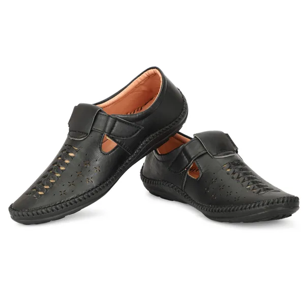 Black_Synthetic_And_Airmix_Velcro_Roman_Sandals_For_Men