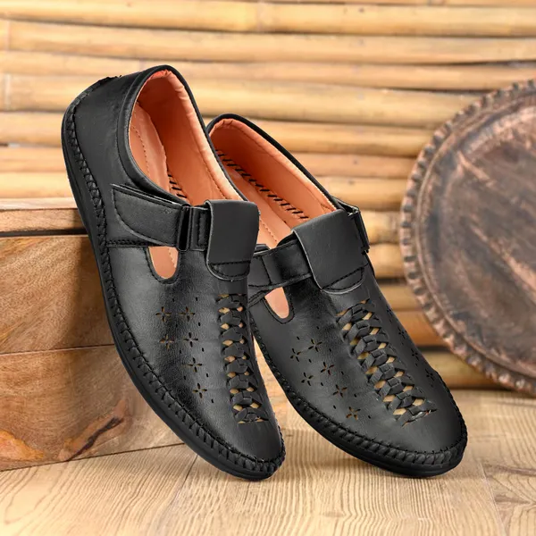 Black_Synthetic_And_Airmix_Velcro_Roman_Sandals_For_Men