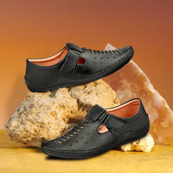 Black_Synthetic_And_Airmix_Velcro_Roman_Sandals_For_Men