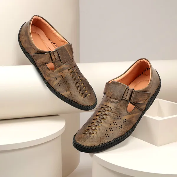 Brown_Synthetic_And_Airmix_Velcro_Roman_Sandals_For_Men