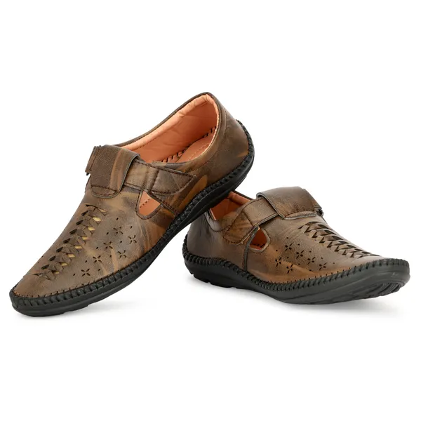 Brown_Synthetic_And_Airmix_Velcro_Roman_Sandals_For_Men