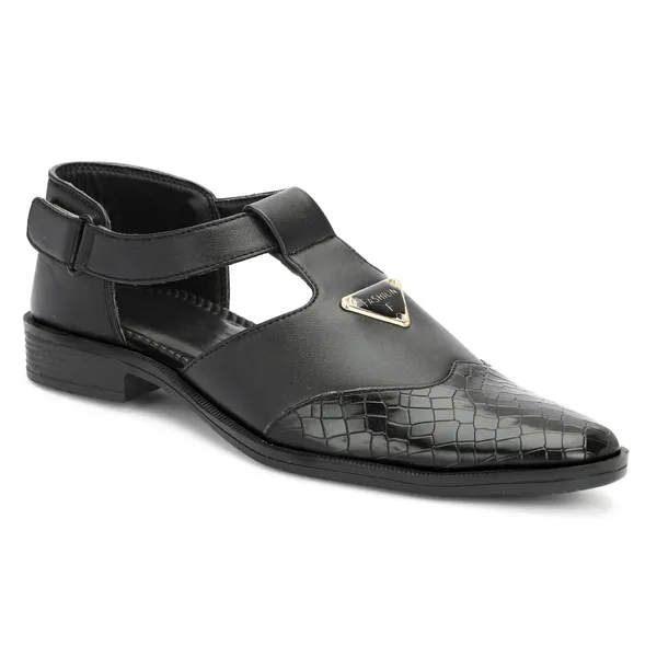 Black_Synthetic_Leather_And_Airmix_Slip_On_Roman_Sandals_For_Men