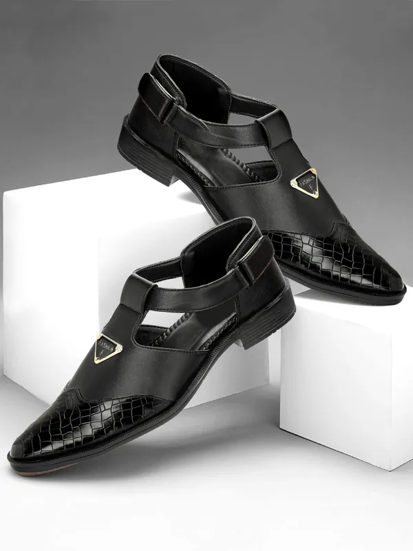 Black_Synthetic_Leather_And_Airmix_Slip_On_Roman_Sandals_For_Men