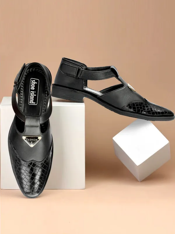 Black_Synthetic_Leather_And_Airmix_Slip_On_Roman_Sandals_For_Men