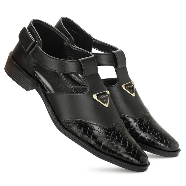 Black_Synthetic_Leather_And_Airmix_Slip_On_Roman_Sandals_For_Men
