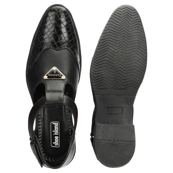 Black_Synthetic_Leather_And_Airmix_Slip_On_Roman_Sandals_For_Men