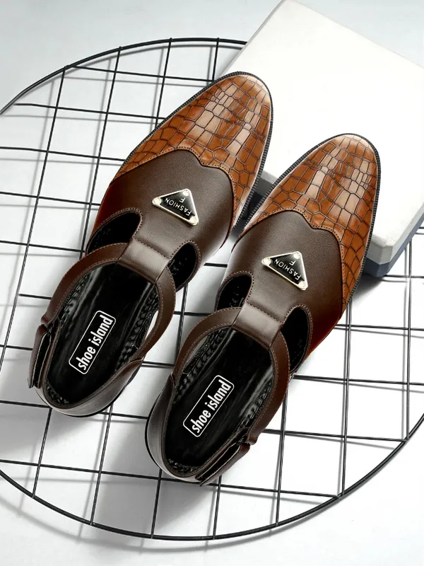 Brown_Synthetic_Leather_And_Airmix_Slip_On_Roman_Sandals_For_Men