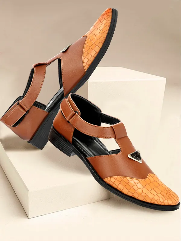 Tan_Brown_Synthetic_Leather_And_Airmix_Slip_On_Roman_Sandals_For_Men