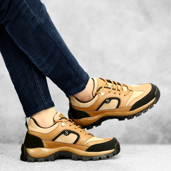 Beige_Leatherette_And_Airmix_Lace_Ups_Boots_For_Men