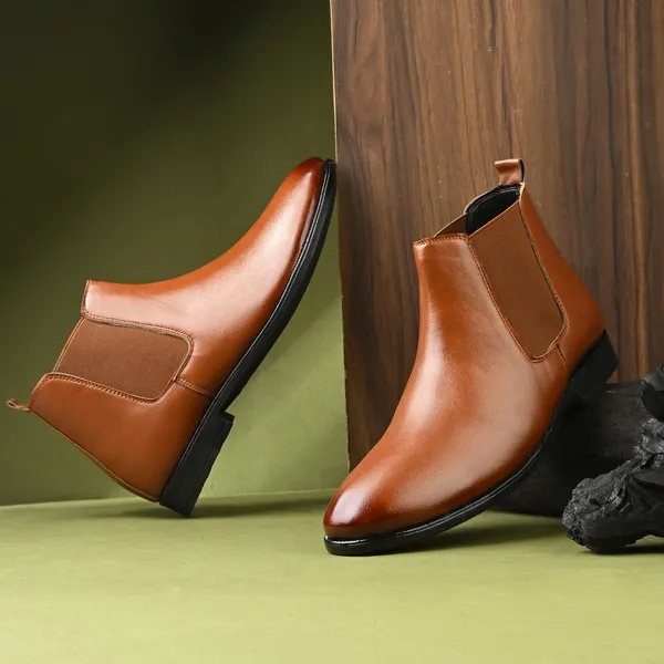 Tan_Brown_Leatherette_And_Tpr_Slip_On_Boots_For_Men