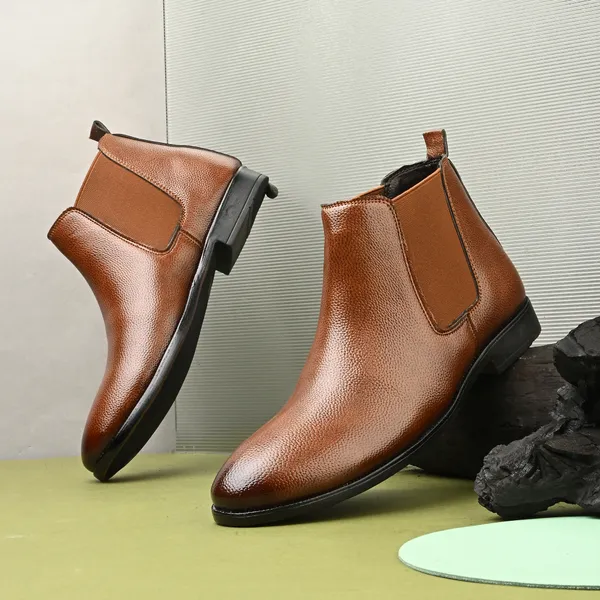 Tan_Brown_Leatherette_And_Tpr_Slip_On_Boots_For_Men