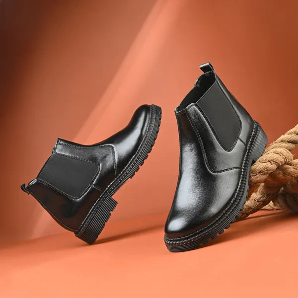 Black_Leatherette_And_Pu_Slip_On_Boots_For_Men