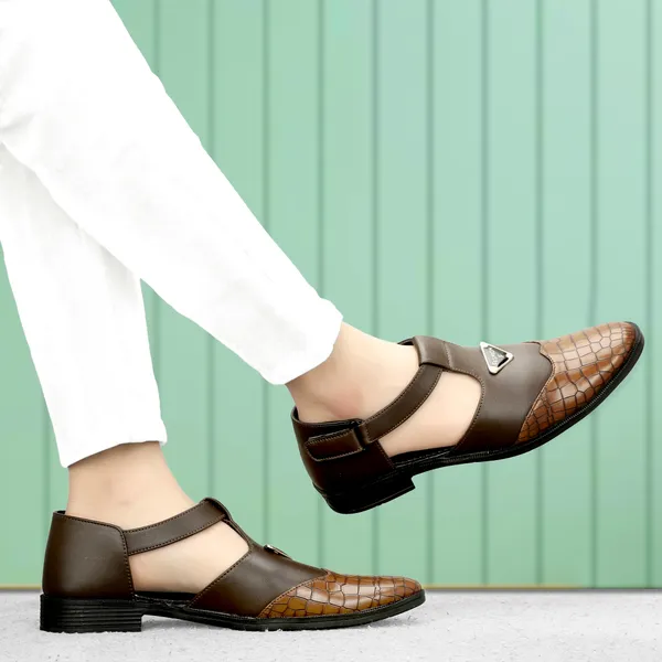 Brown_Synthetic_Leather_And_Airmix_Slip_On_Roman_Sandals_For_Men