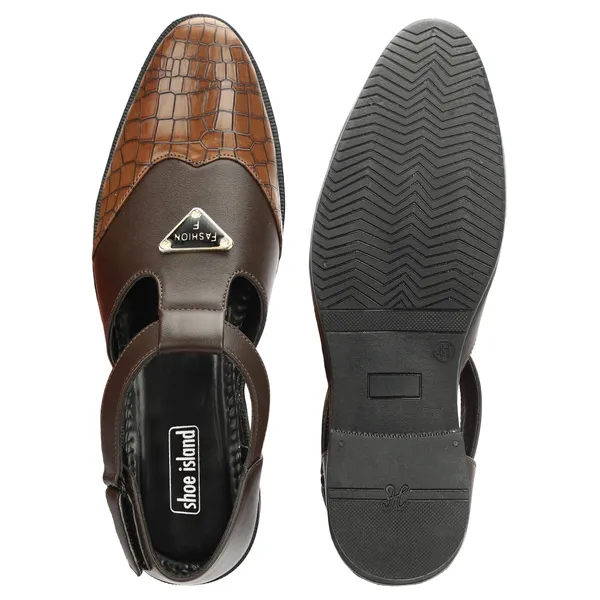 Brown_Synthetic_Leather_And_Airmix_Slip_On_Roman_Sandals_For_Men