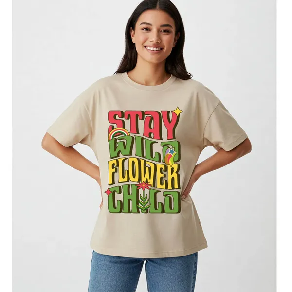Beige_Cotton_Premium_Stay_Wild_Flower_Child_Retro_Oversized_Graphic_T-Shirt_For_Women