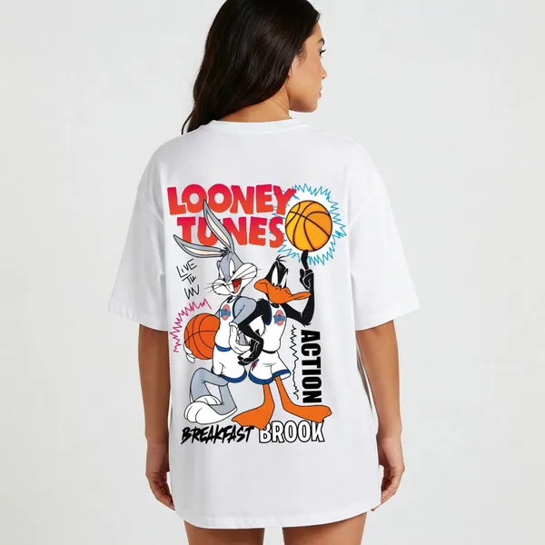 White_Cotton_Premium_Looney_Dunk_Squad_Oversized_Looney_Tunes_Basketball_Graphic_T-Shirt_For_Women