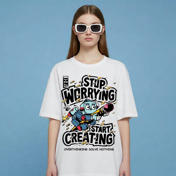 White_Cotton_Premium_Stop_Worrying_Start_Creating_Graphic_Tee_T-Shirt_For_Women