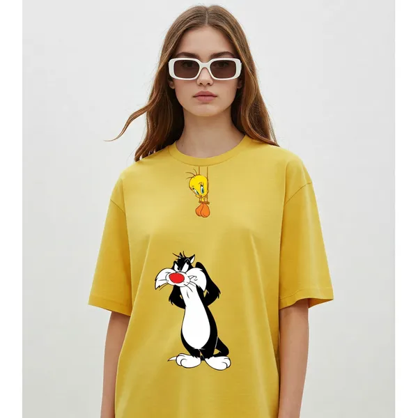 Yellow_Cotton_Premium_Sylvester_&_Tweety_Cartoon_Tee_T-Shirt_For_Women