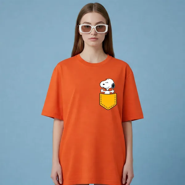 Orange_Cotton_Premium_Snoopy_Pocket_Cartoon_Tee_T-Shirt_For_Women