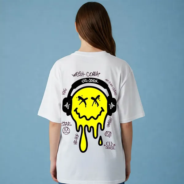 White_Cotton_Premium_Melting_Smiley_Headphones_Graphic_Tee_T-Shirt_For_Women