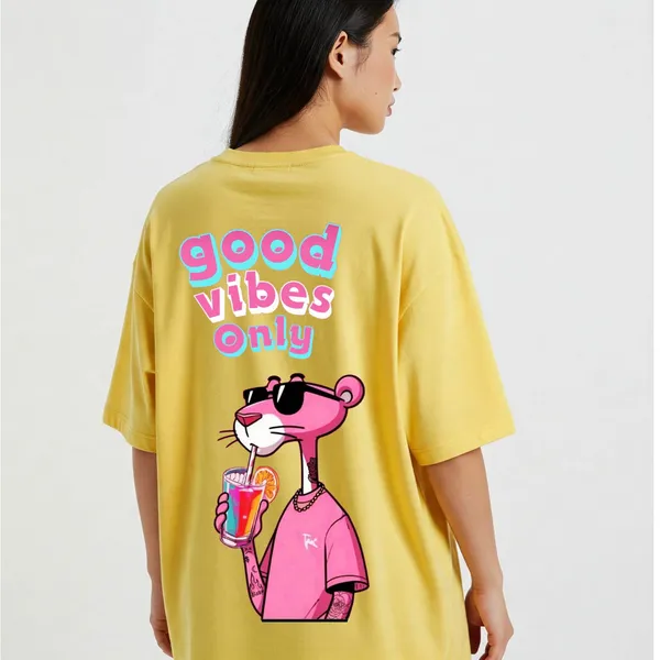 Yellow_Cotton_Premium_Panther_Good_Vibes_Only_Graphic_Oversized_T-Shirt_For_Women