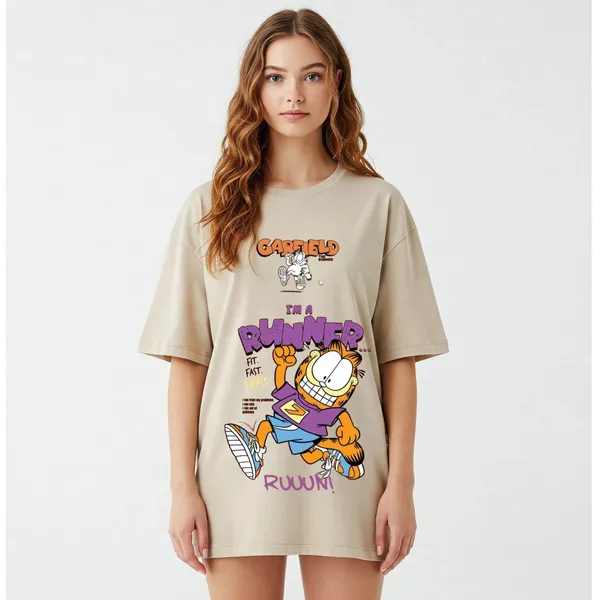 Beige_Cotton_Premium_Garfield_I'M_A_Runner_Graphic_Oversized_T-Shirt_For_Women