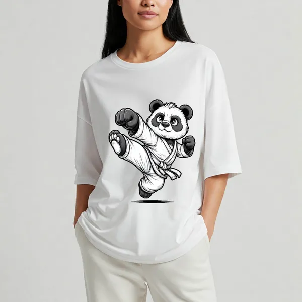 White_Cotton_Premium_Karate_Panda_Graphic_Oversized_T-Shirt_For_Women