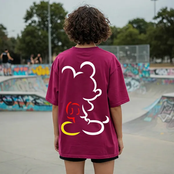 Maroon_Cotton_Premium_Mickey_Mouse_Outline_Graphic_Oversized_T-Shirt_For_Women