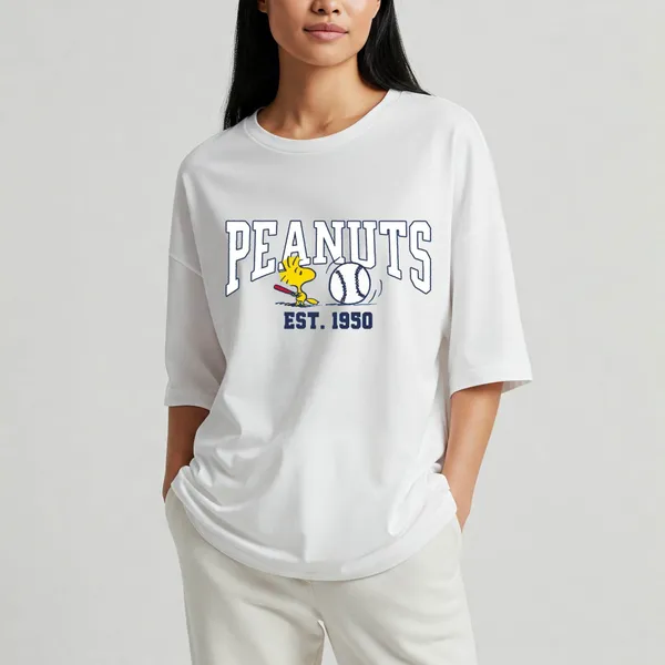 White_Cotton_Premium_Peanuts_Baseball_Graphic_Oversized_T-Shirt_For_Women