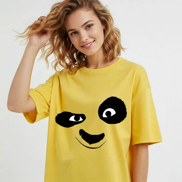 Yellow_Cotton_Premium_Panda_Face_Graphic_Oversized_T-Shirt_For_Women