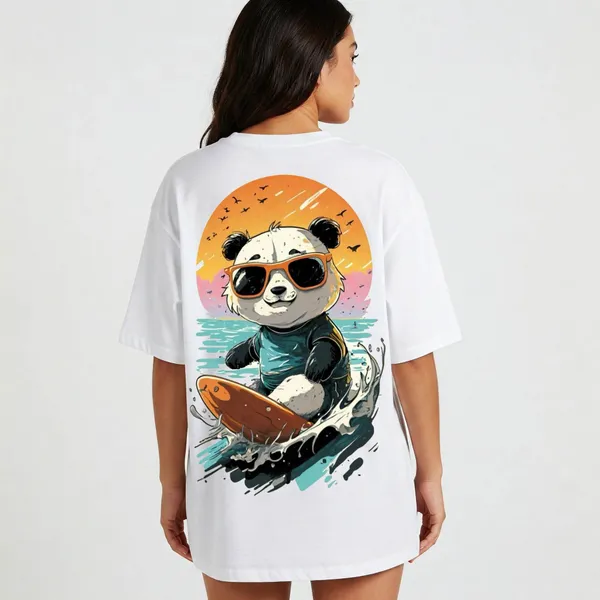 White_Cotton_Premium_Surfing_Panda_Graphic_Oversized_T-Shirt_For_Women