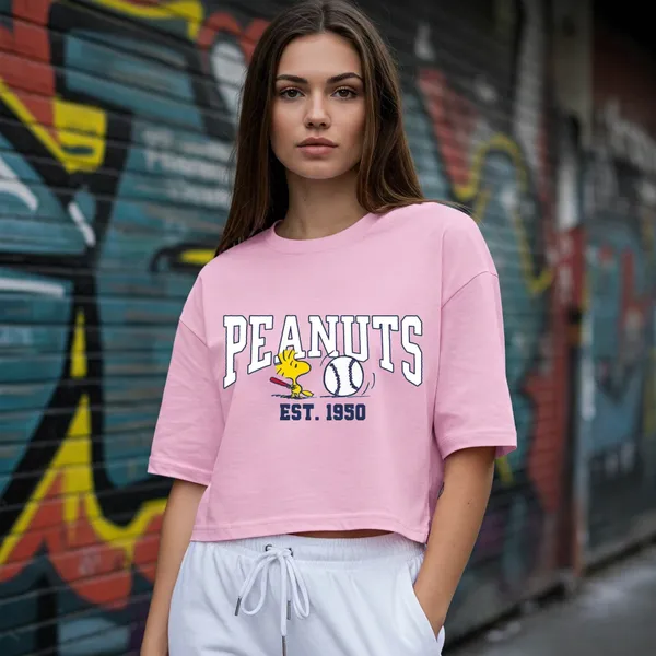 Pink_Cotton_Premium_Peanuts_Baseball_Graphic_Cropped_T-Shirt_For_Women