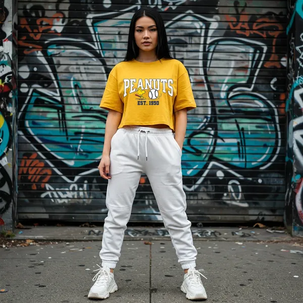 Yellow_Cotton_Premium_Peanuts_Baseball_With_SweatpantsWith__Outfit_Style_Crop_Top_For_Women