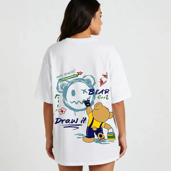 White_Cotton_Premium_Doodle_Bear_Graphic_Oversized_Dress_Unique_Style_T-Shirt_For_Women