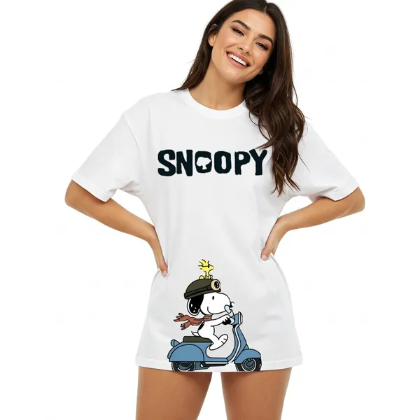 White_Cotton_Premium_Snoopy_Scooter_Graphic_Oversized_Peanuts_T-Shirt_For_Women