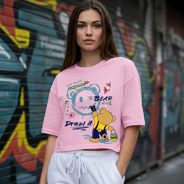 Pink_Cotton_Premium_Doodle_Bear_Graphic_Cropped_T-Shirt_For_Women