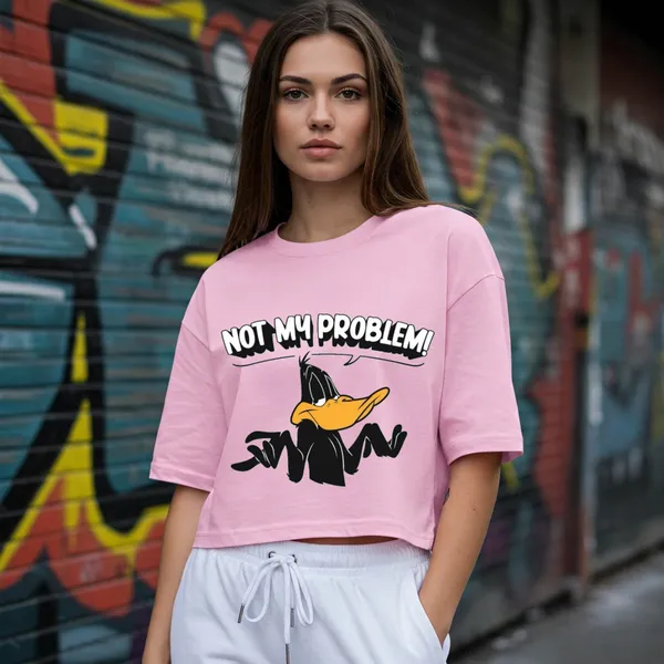 Pink_Cotton_Premium_Daffy_Duck_Not_My_Problem_Graphic_Crop_Top_For_Women
