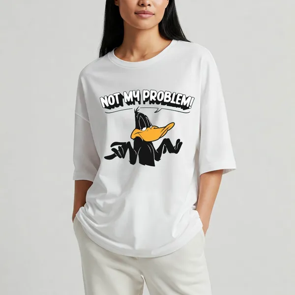 White_Cotton_Premium_Daffy_Duck_Not_My_Problem_Graphic_Oversized_T-Shirt_For_Women