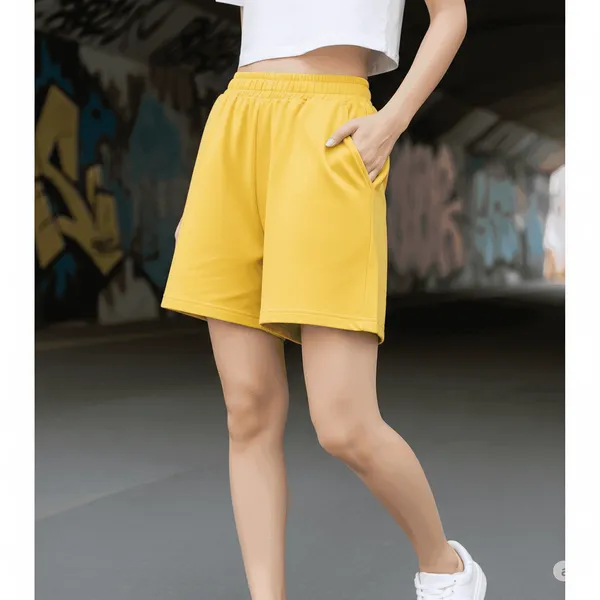 Yellow_Cotton_Premium_Casual_Loose_Fit_Athleisure_Shorts_For_Women