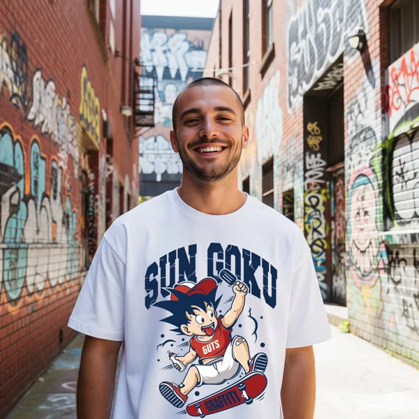 White_Cotton_Premium_Sun_Goku_Guts_Graffiti_Anime/Manga_Tee_Oversized_T-Shirt_For_Men