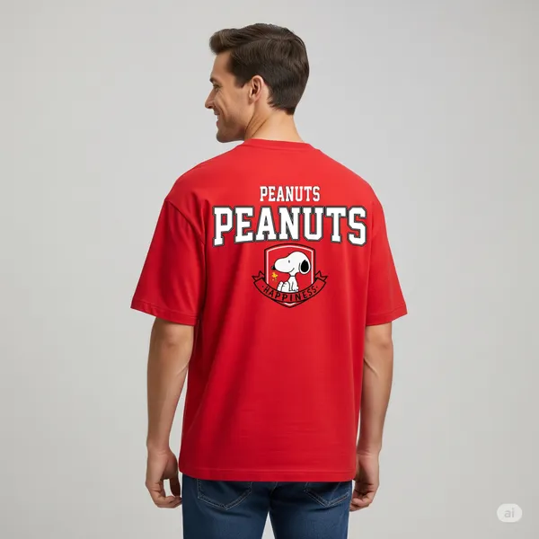 Red_Cotton_Premium_Peanuts_Happiness_Snoopy_Logo_Oversized_Graphic_Tee_T-Shirt_For_Men