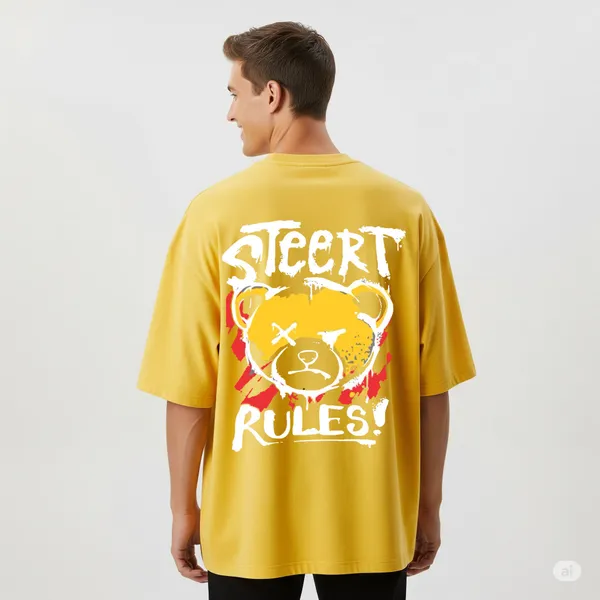 Yellow_Cotton_Premium_Street_Rules_Bear_Graphic_Streetwear_Tee_Oversized_T-Shirt_For_Men
