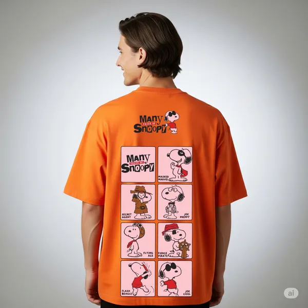 Orange_Cotton_Premium_Many_Tales_Of_Snoopy_Character_Print_Oversized_Graphic_Tee_T-Shirt_For_Men