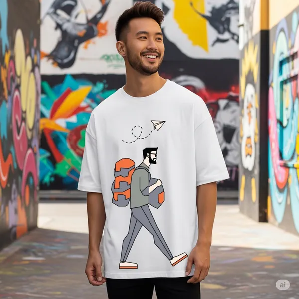 White_Cotton_Premium_Traveler_Backpacker_Character_Adventure_Tee_Graphic_Oversized_T-Shirt_For_Men