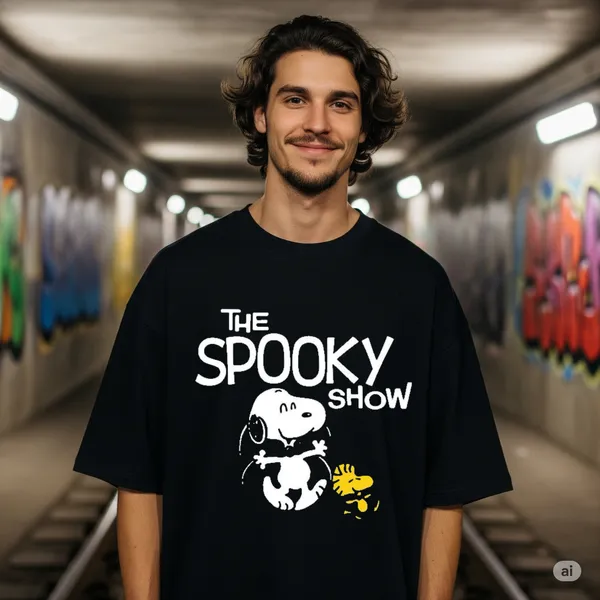 Black_Cotton_Premium_Peanuts_The_Spooky_Show_Snoopy_&_Woodstock_Halloween_Tee_Oversized_T-Shirt_For_Men