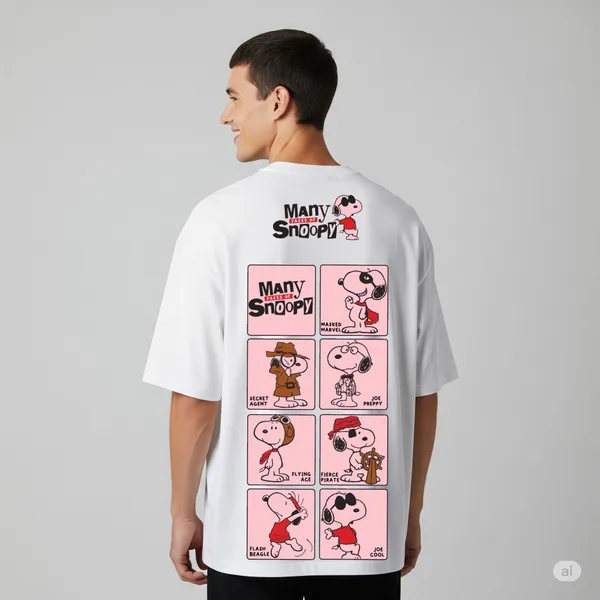 White_Cotton_Premium_Many_Tales_Of_Snoopy_Character_Print_Peanuts_Tee_Oversized_T-Shirt_For_Men