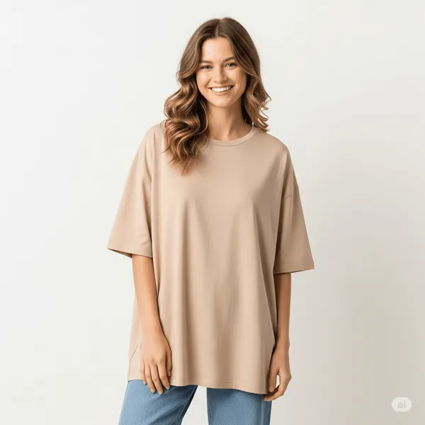 Beige_Cotton_Premium_Oversized_Fit_Crew-Neck_Essential_Comfort_Tee_T-Shirt_For_Women
